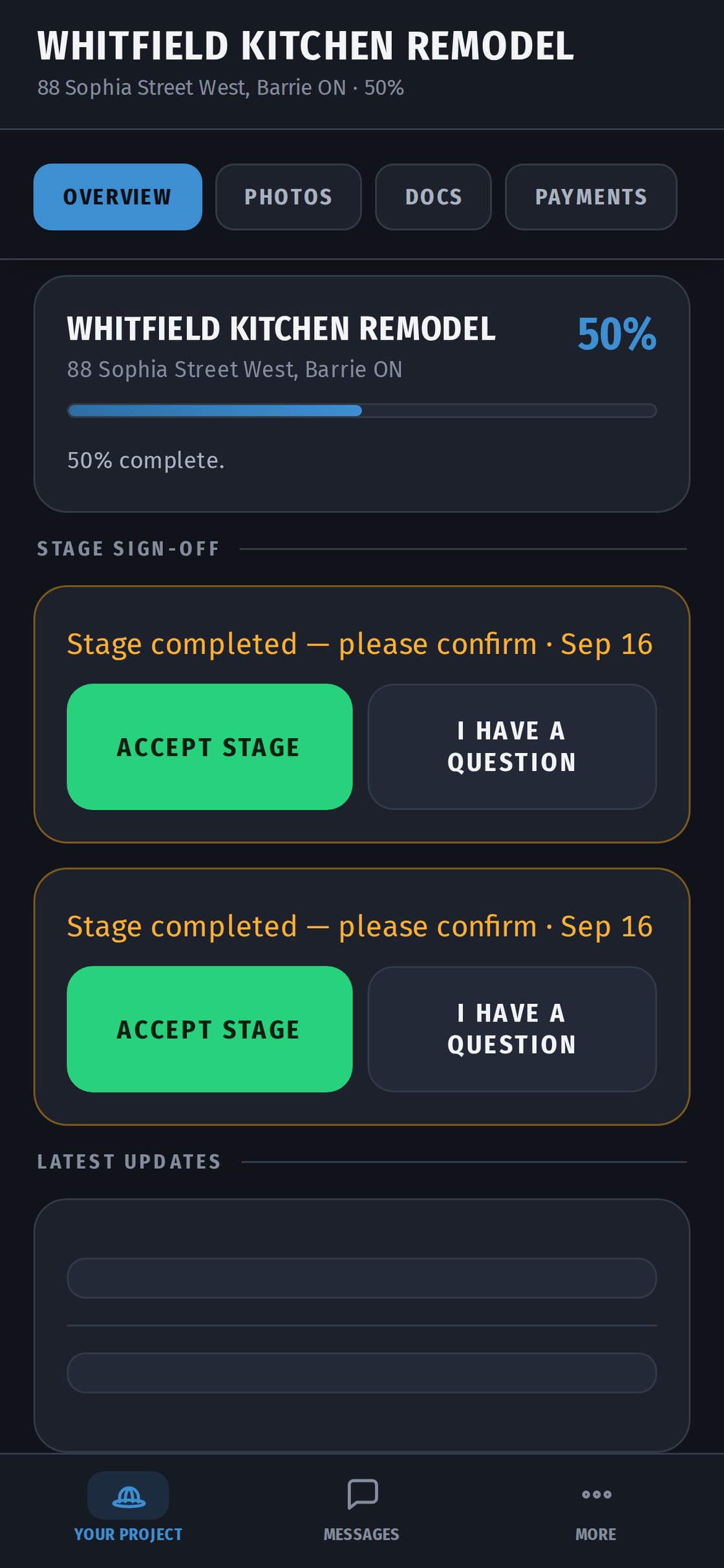 The client's own project: how far along it is shown as a progress bar, their approved quote, and the latest finished work.