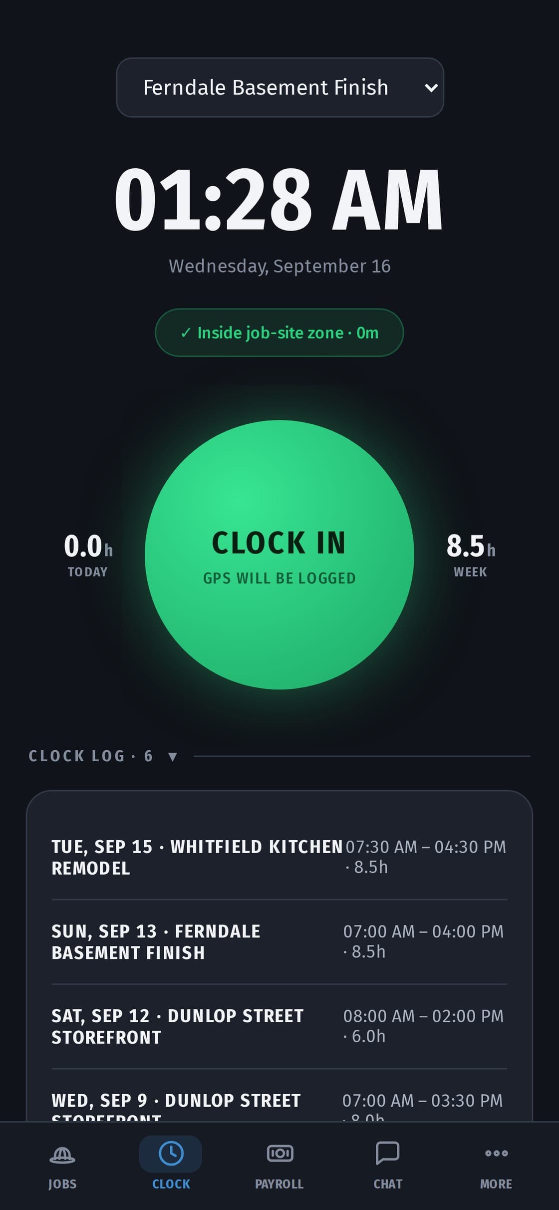 The CrewHub clock screen for the Ferndale job: a green badge reading inside job-site zone, hours today and this week either side of the large clock-in button, and a log of recent shifts.