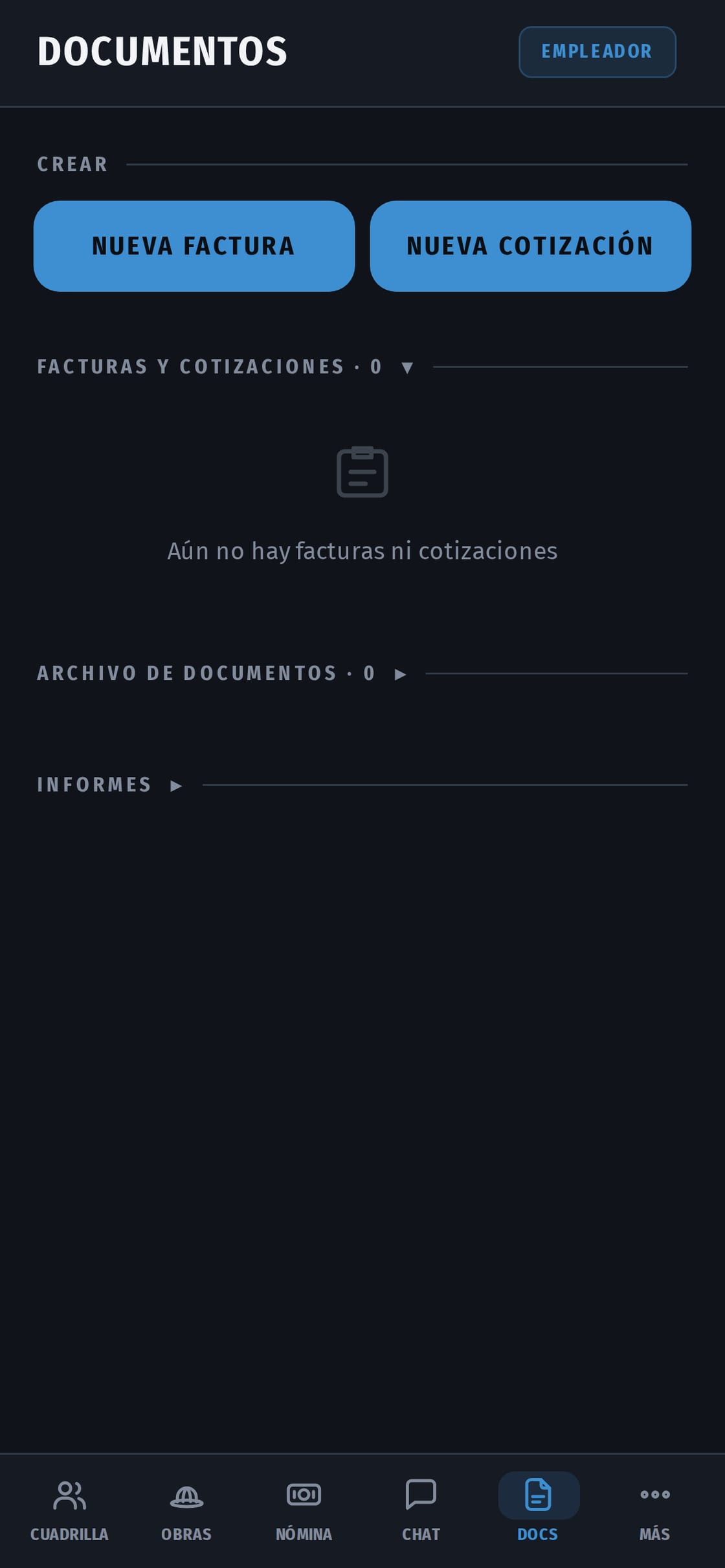 La pantalla de documentos con las facturas y los presupuestos, sus importes, fechas y obras.