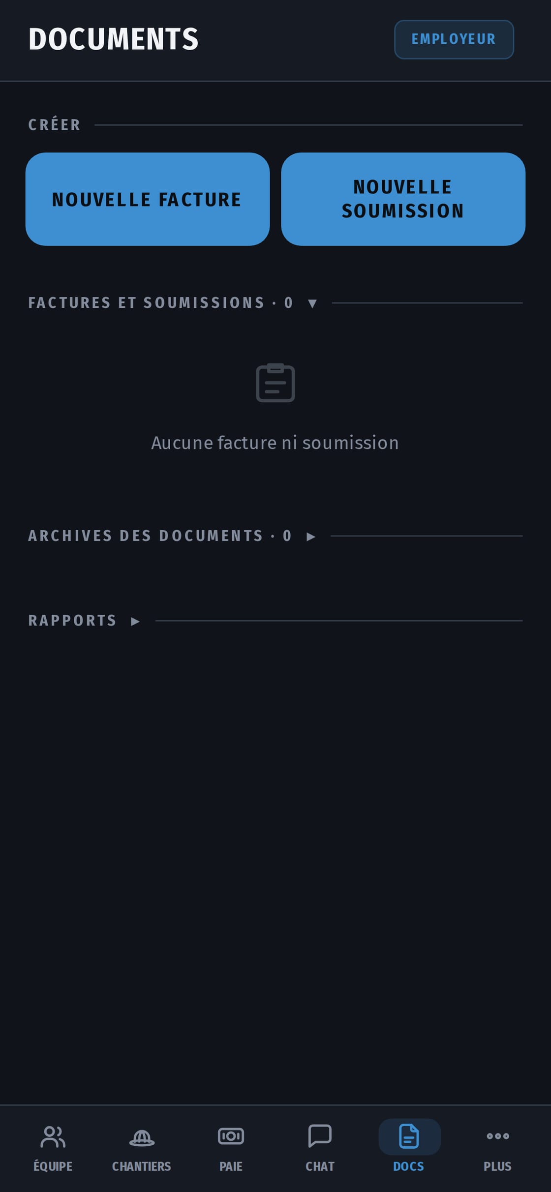 L’écran des documents : les factures et les soumissions avec leurs montants, leurs dates et leurs chantiers.