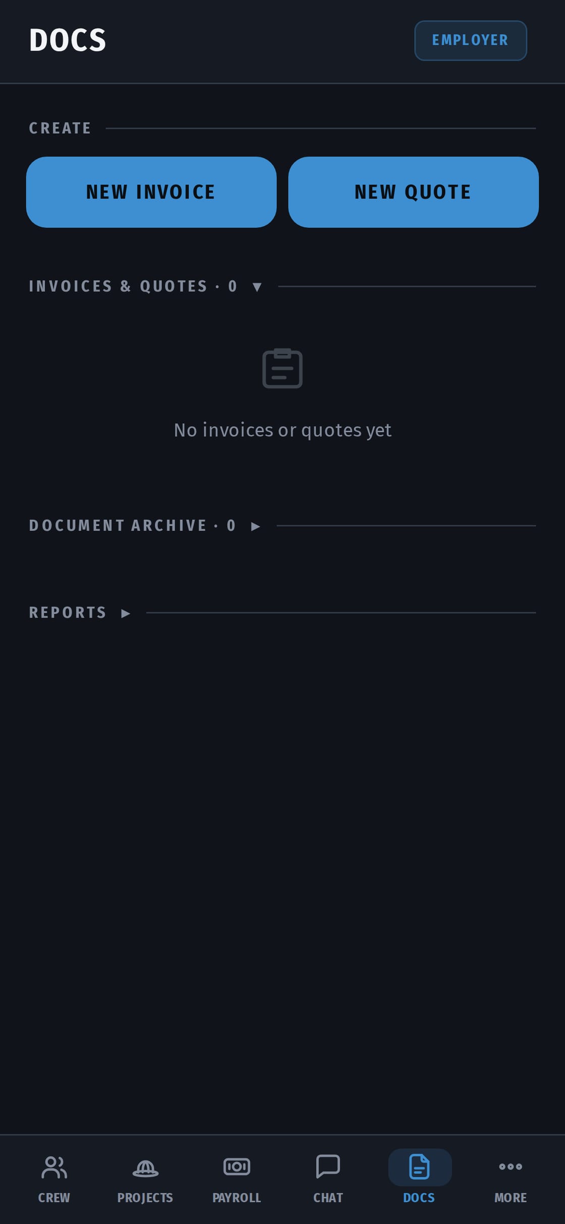 The documents screen listing invoices and quotes with their amounts, dates and jobs.