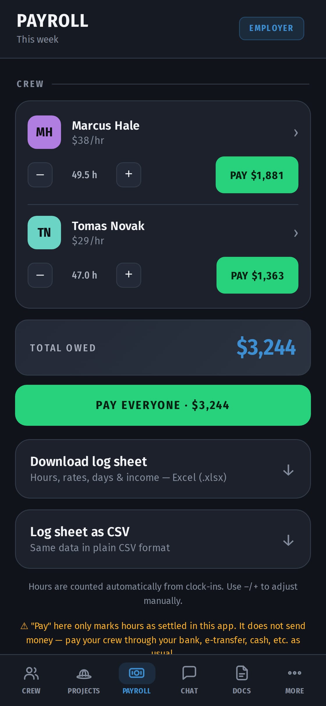 The payroll screen: each worker with their hourly rate and the hours counted from their clock-ins, a Pay button beside each, and the total owed this week.