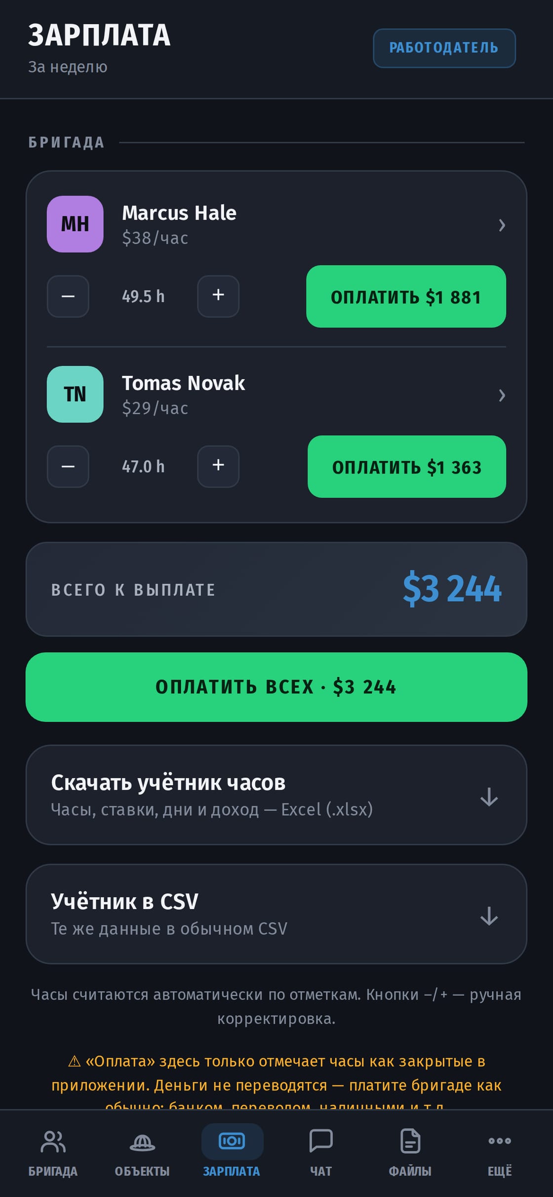 Экран зарплаты: у каждого работника его ставка и часы, посчитанные по отметкам, кнопка выплаты рядом с каждым и общая сумма к выплате за неделю.