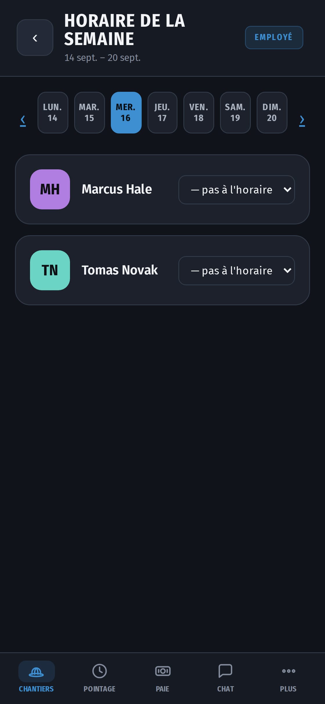L’horaire de la semaine tel que le voit le contremaître : une bande avec les jours et, en face de chaque travailleur, le chantier où il se trouve ce jour-là.